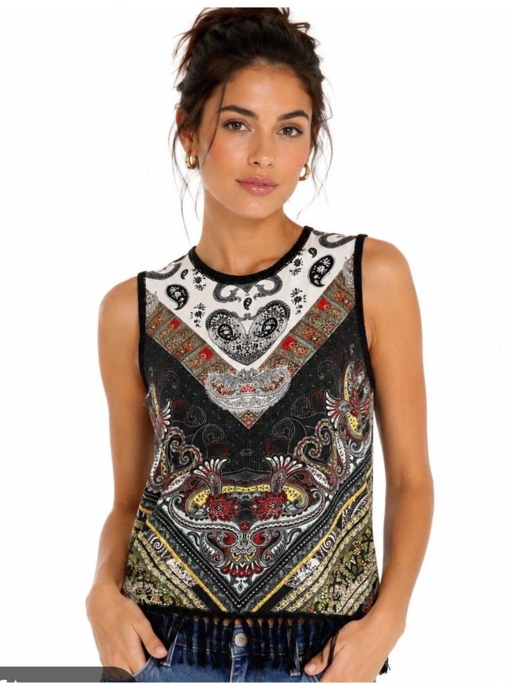Alice + Olivia Black Paisley Fringe Tank with Red, Yellow & Green Accents